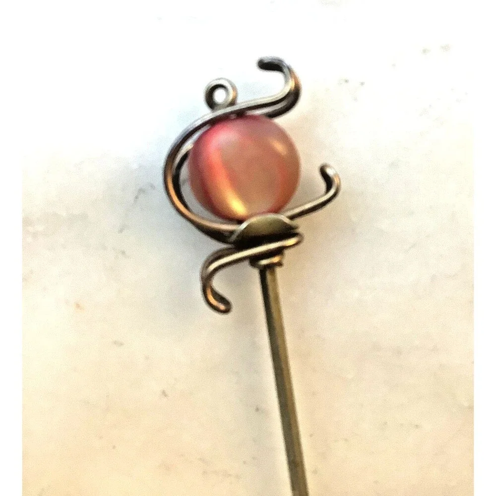 Antique Hat Pin Iridescent Pink Bead Gold Tone Stick Pin Twisted 7